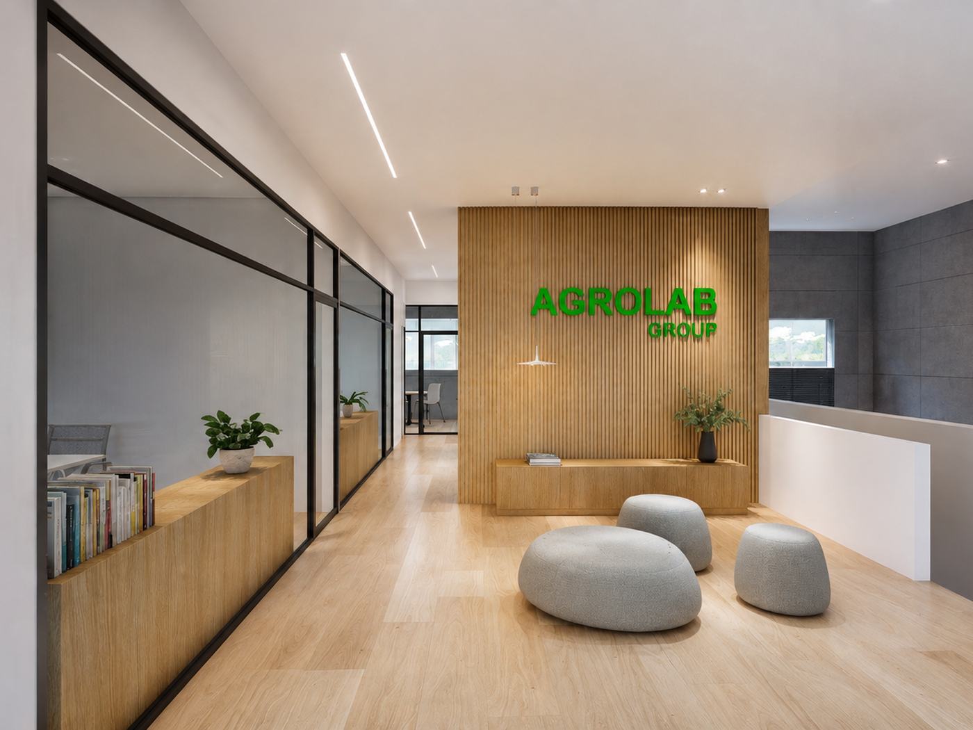 Headquarters Agrolab — Recepción mostrador madera
