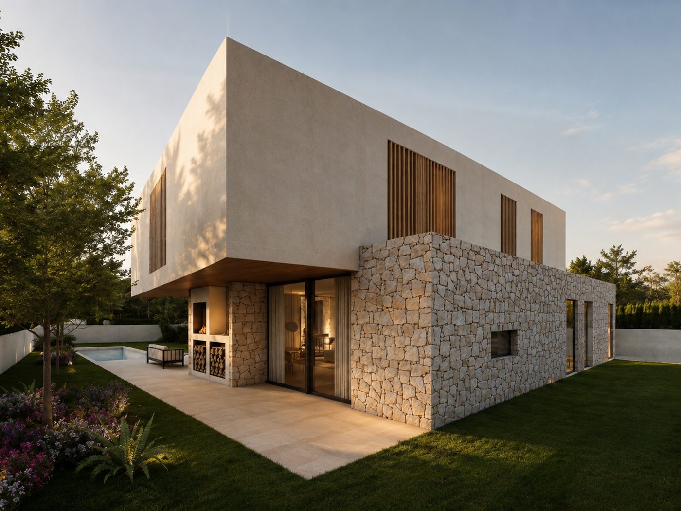 Casa Barenys — porche con chimenea exterior de piedra al anochecer