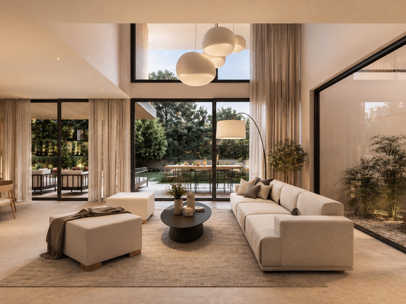Casa Barenys — salón con puertas correderas abiertas al porche