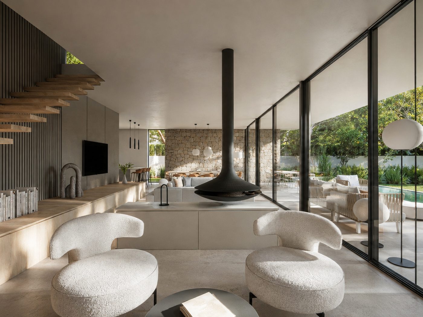 Casa Cosis — Salón chimenea piscina