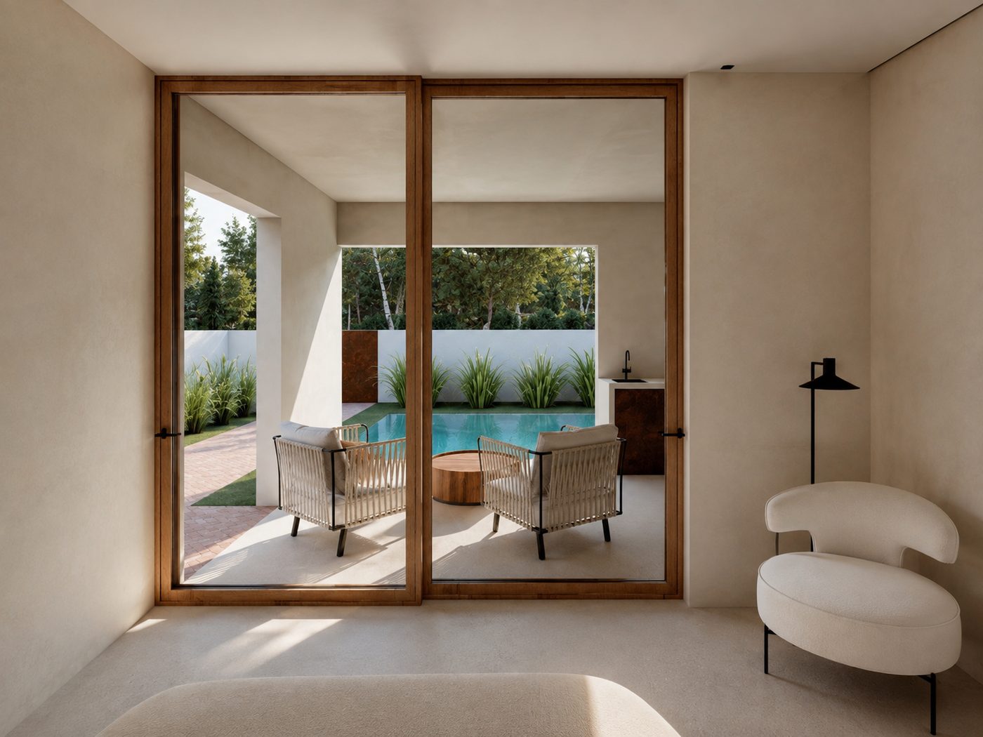 Casa LBC — Dormitorio puerta madera piscina