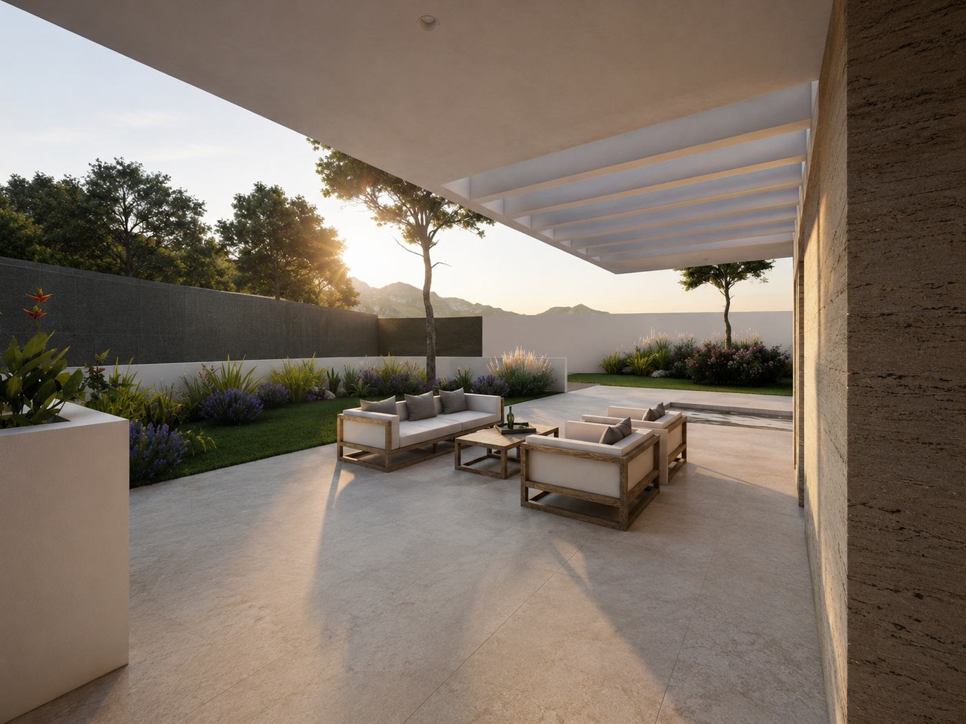 Casa TE — Porche cubierto atardecer