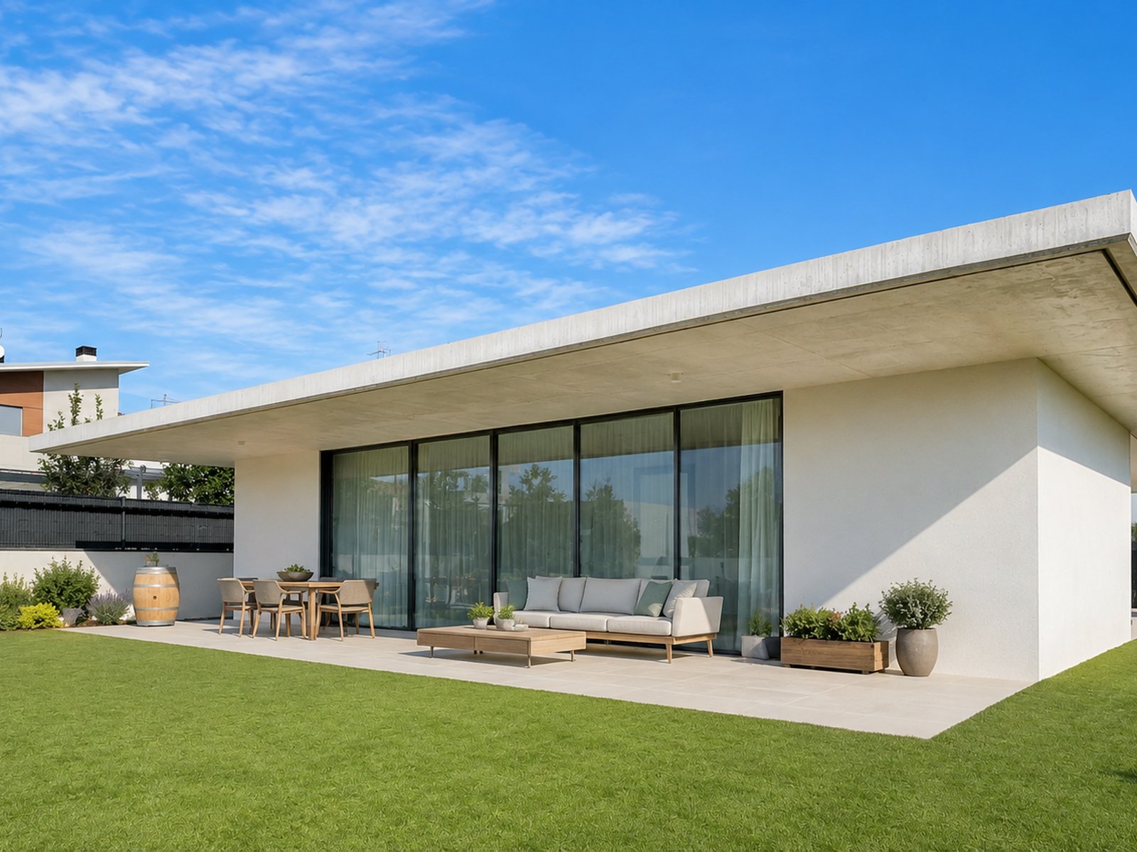Casa O — porche exterior bajo la cubierta volada de hormigón
