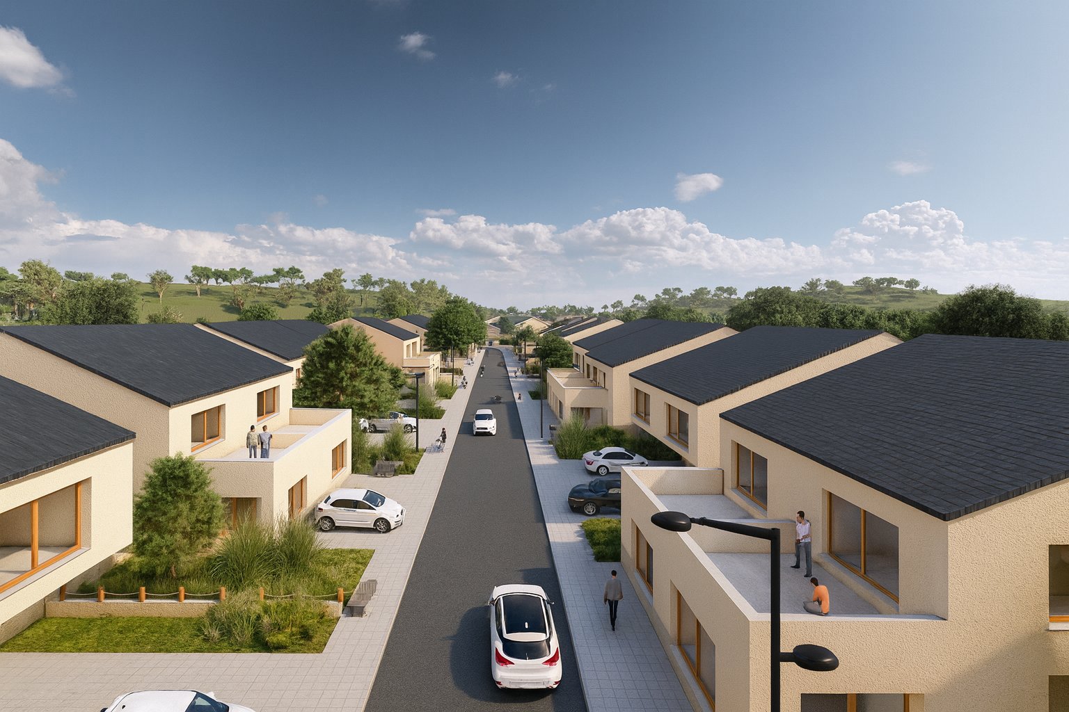 Urbanismo ASAME — trazado de calles y viviendas en un desarrollo residencial
